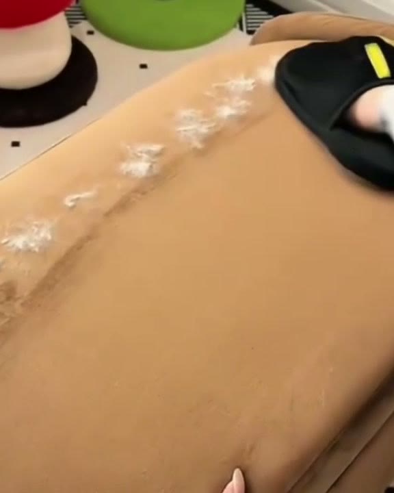 ソファに散った毛をミトンで撫でる様子