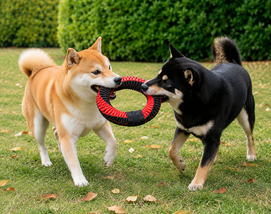 芝生でリングを引っ張り合う2匹の犬